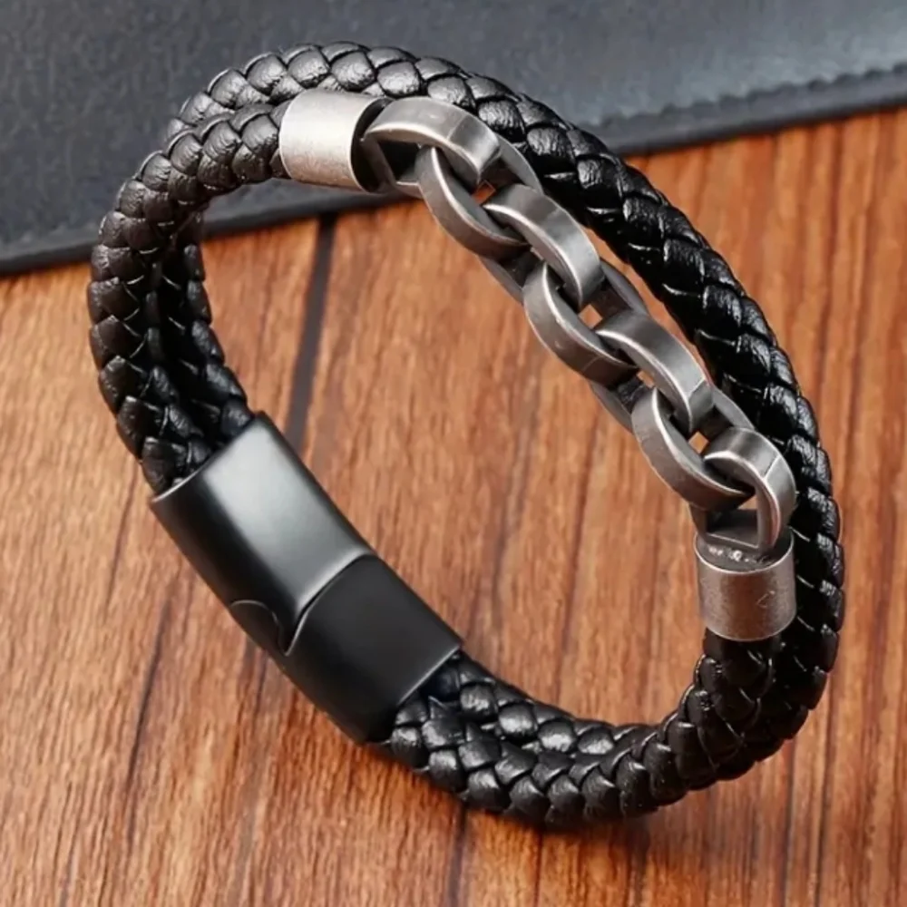 Black Braided Leather Bracelet Antique Silver Accents